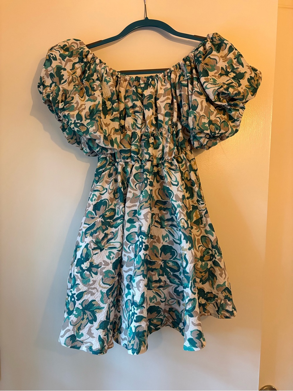 Hello Molly Teal and Cream Puff-Sleeve Floral Dress